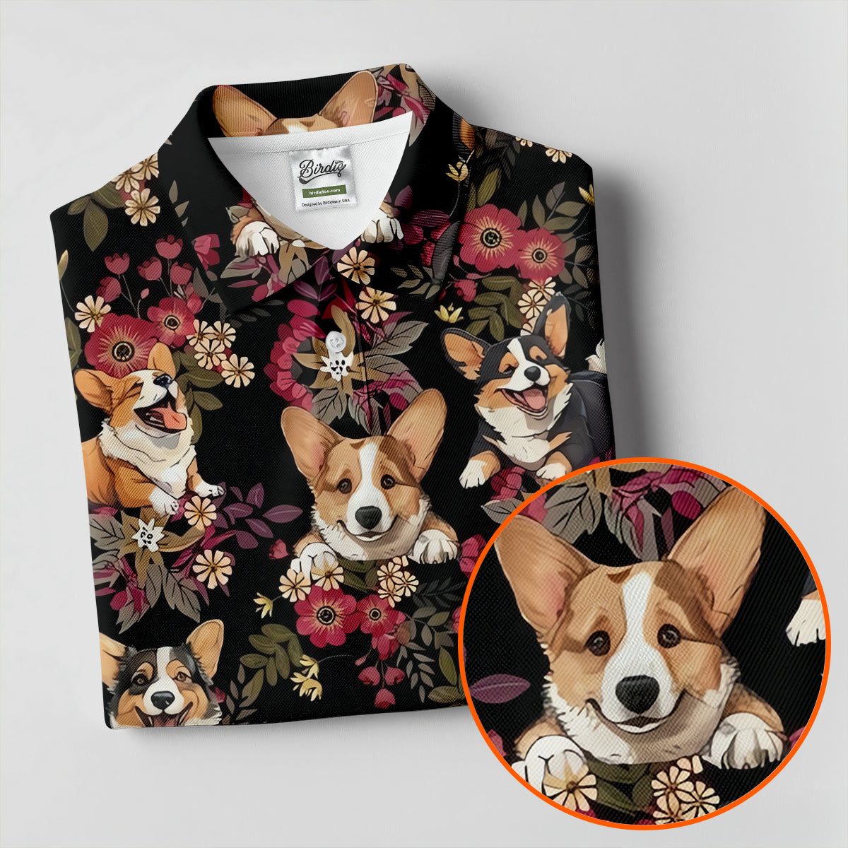 Cute Corgi Floral Hawaiian Pattern Polo Shirt, Mens Golf Polo, Funny Golf Shirt