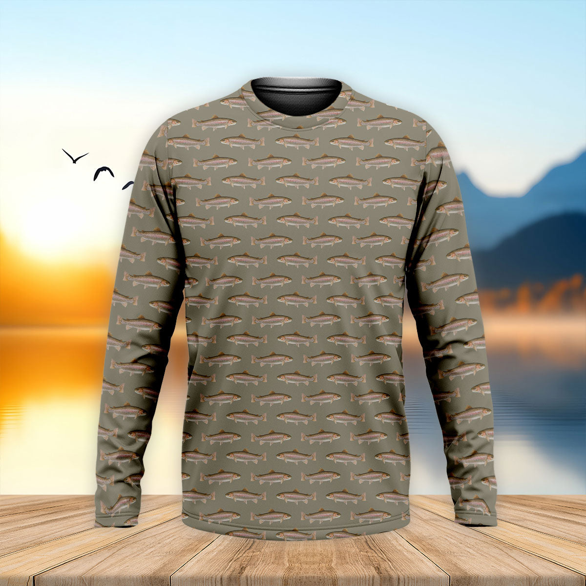 Rainbow Trout Pattern Pewter Grey Fishing UPF Shirts, Long Sleeve Fishing Shirts, Fishing Shirts For Men