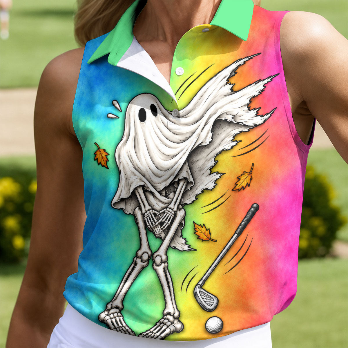 Windy Skeleton Ghost Golf Polo Shirt, Women's Halloween Shirt, Ladies Golf Shirts