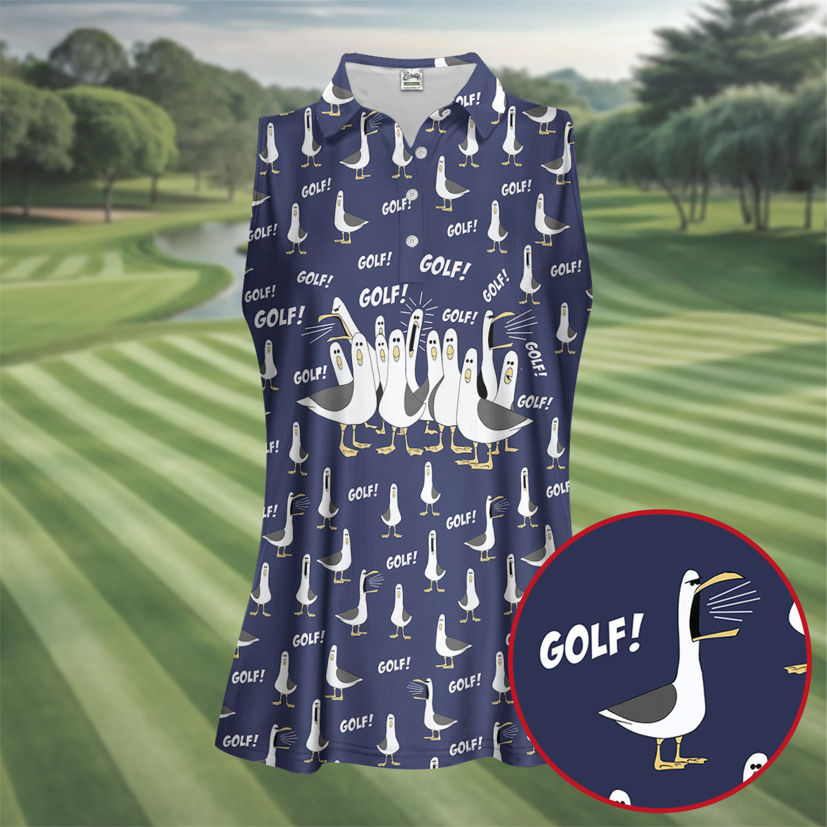 Funny Seagull Halloween Golf Shirt, Cartoon Bird Pattern, Women's Golf Apparel, Printed Golf Shirt