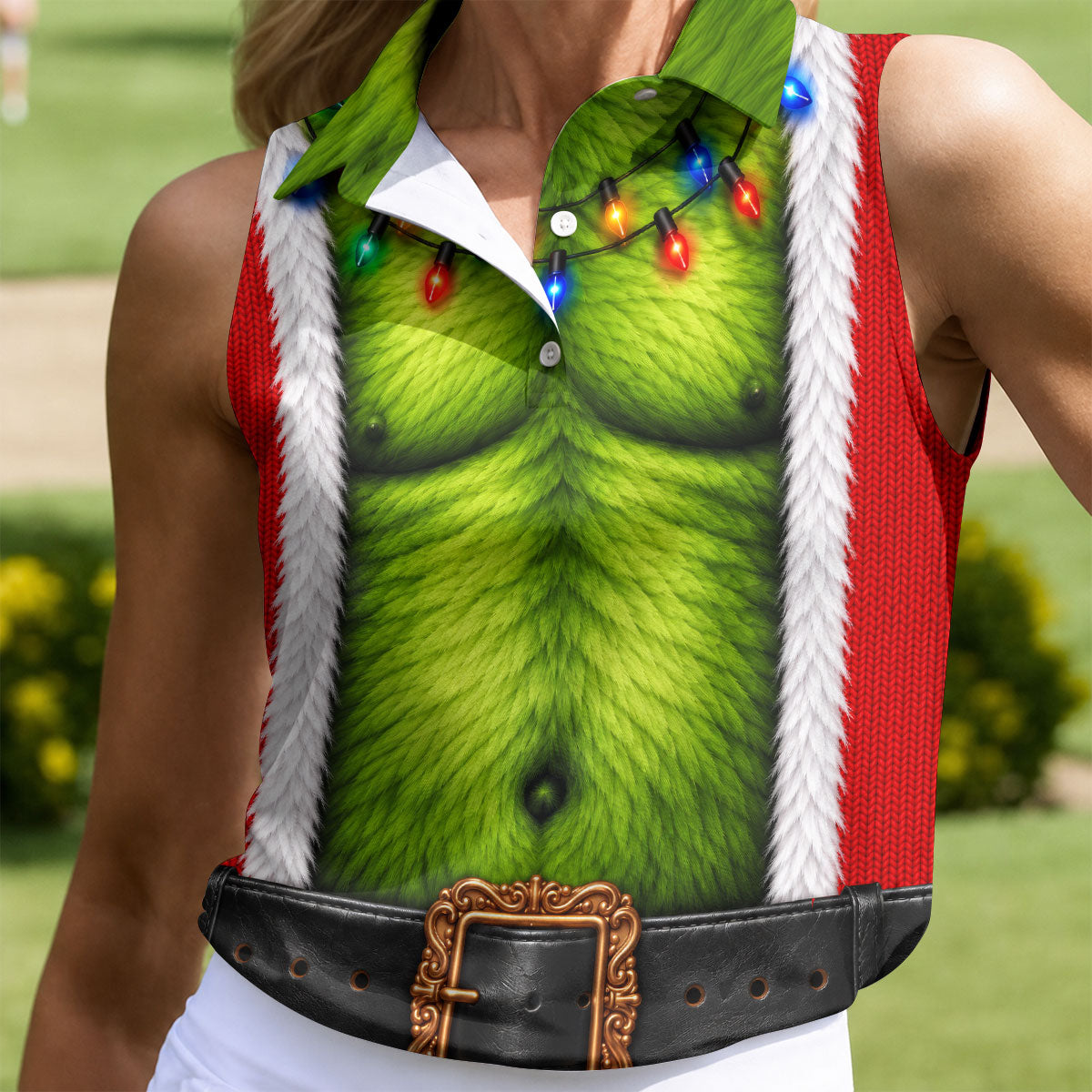 Green Furry Christmas Lights Golf Polo Shirt, Christmas Golf Shirt, Women’s Golf Apparel