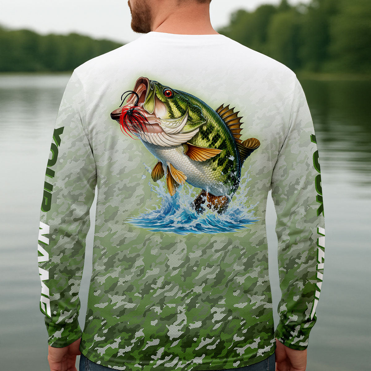 Custom Largemouth Bass Fishing Shirt for Men, Camo Green Angler Shirt, Fishing UPF Shirts