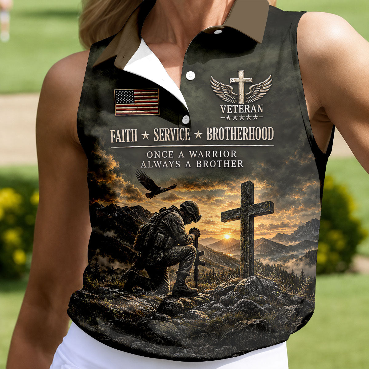 Veterans Day Praying Soldier Cross Polo Shirt, Golf Tops For Women, Ladies Golf Tops