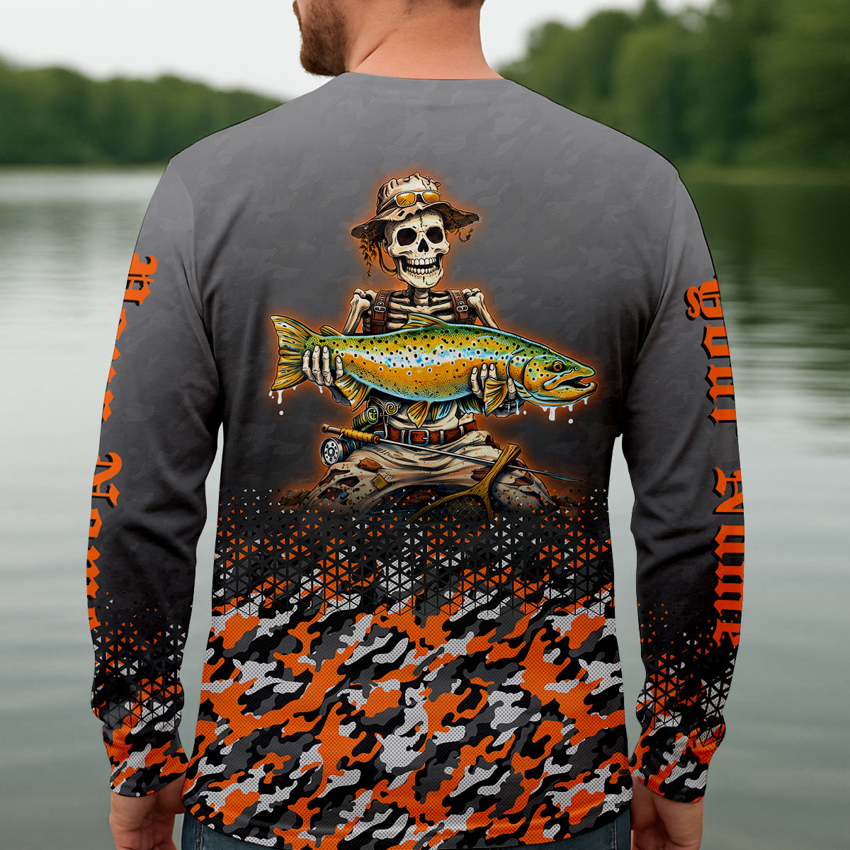 Skull Camo Personalized Fishing Shirt, Skeleton Angler, Skeleton Fisherman, Fishing Shirts For Men