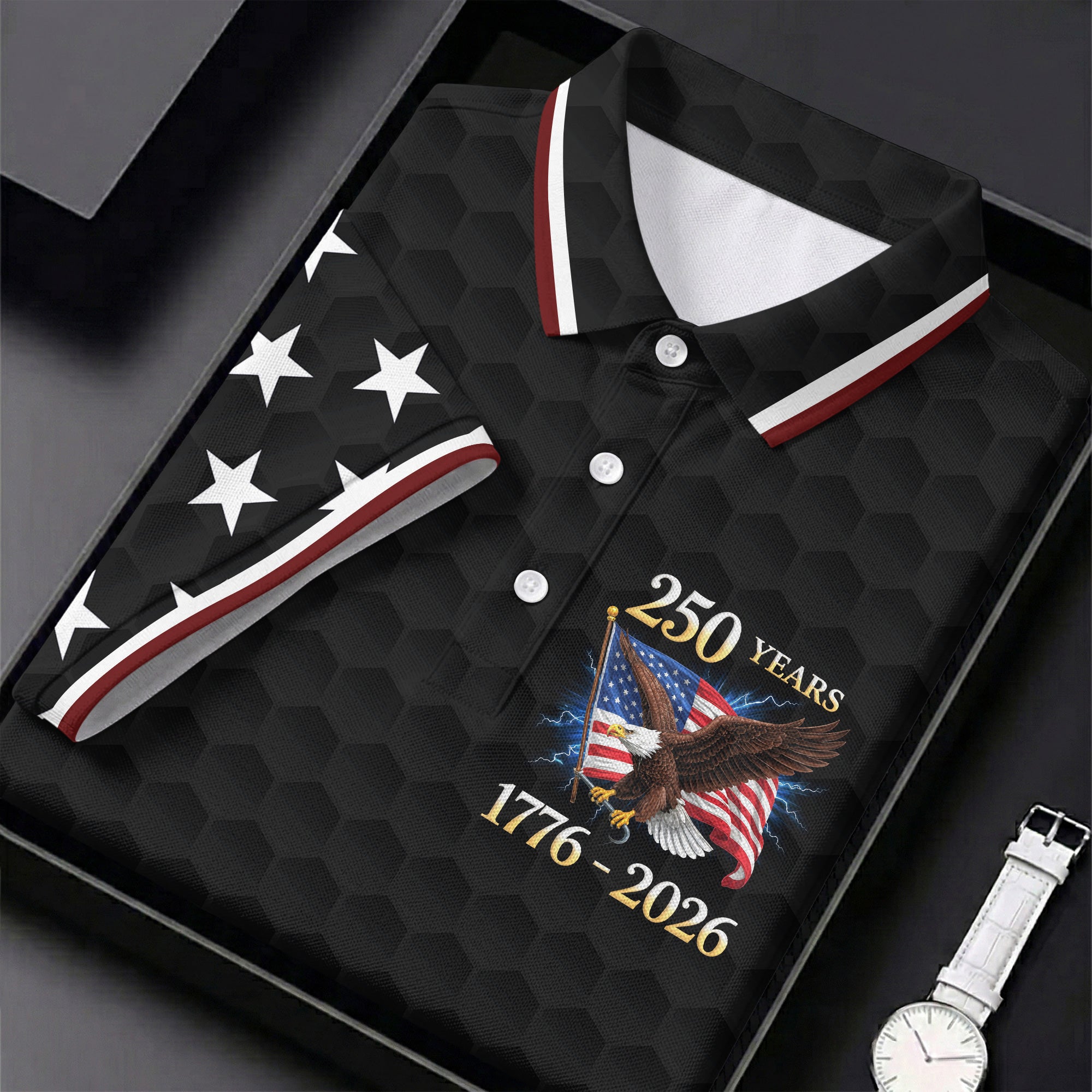 250 Years Bald Eagle US Flag Golf Shirt, Patriotic 4th Of July Golf Ball Pattern Golf Shirt For Women