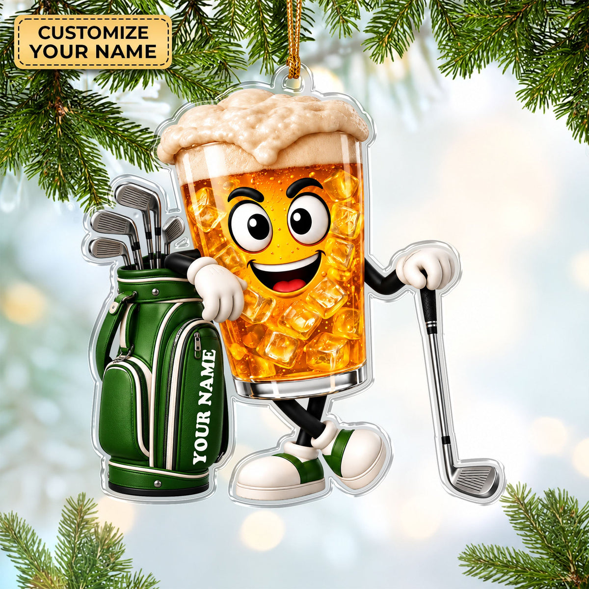 Custom Name Beer Glass Golf Acrylic Ornament, Golf Lover Gifts, Christmas Ornaments