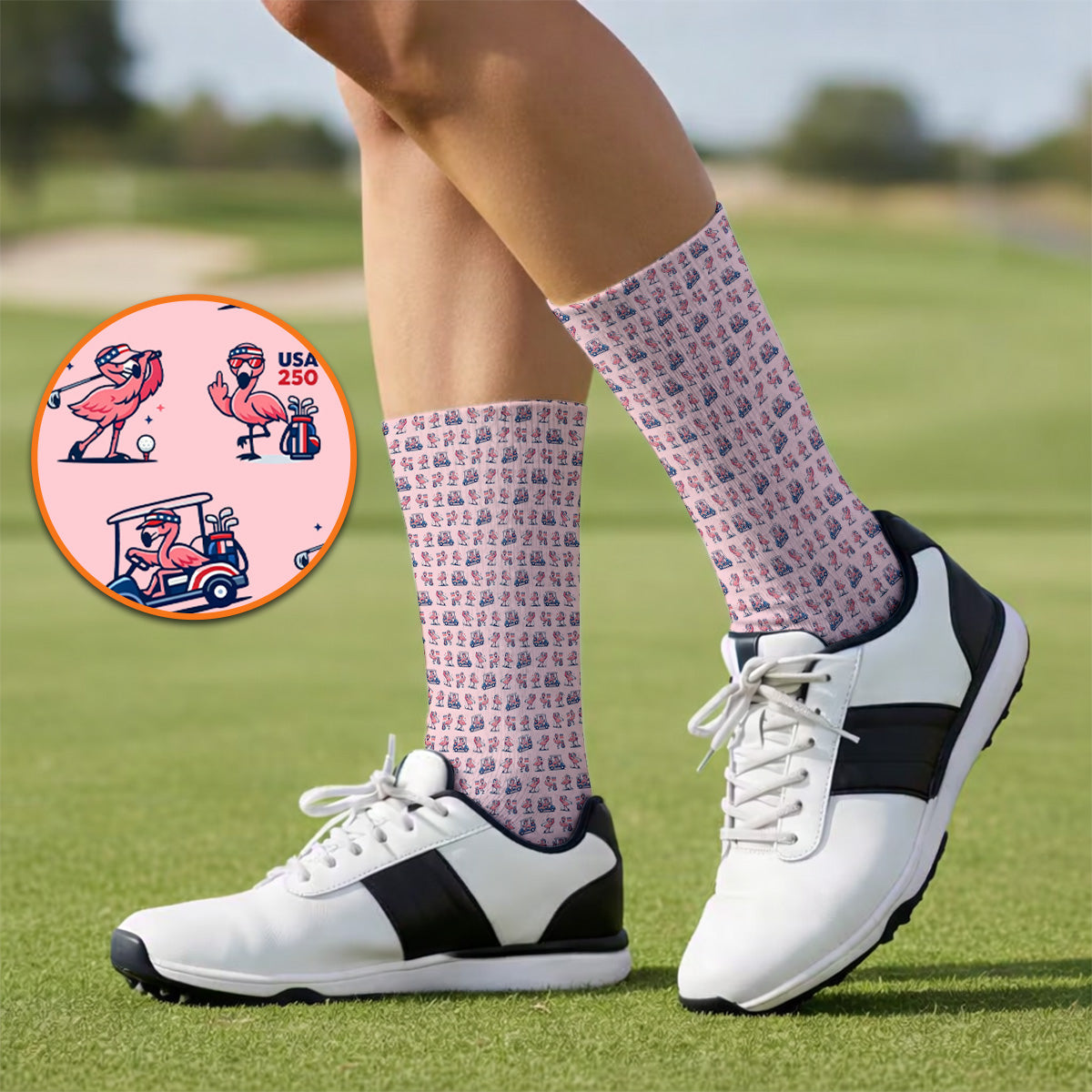 Funny Flamingo Pattern Golf Socks, USA 250 Patriotic Summer Golf Sock, Crazy Golf Gift For Golfer