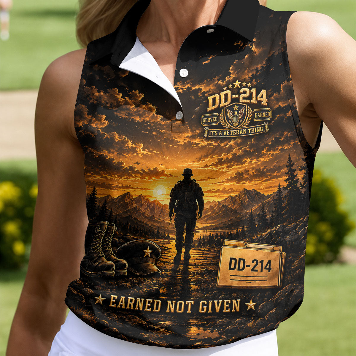 Custom DD-214 Sunset Soldier Golf Polo Shirt, Womens Golf Polo, Veterans Day Shirt