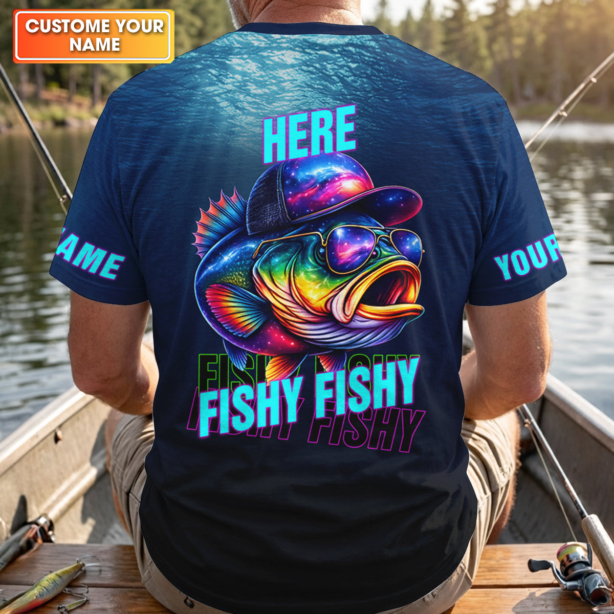 Here Fishy Fishy Fishy, Personalized Fishing Shirt, Fishing UPF Shirts, Funny Fisherman Gift