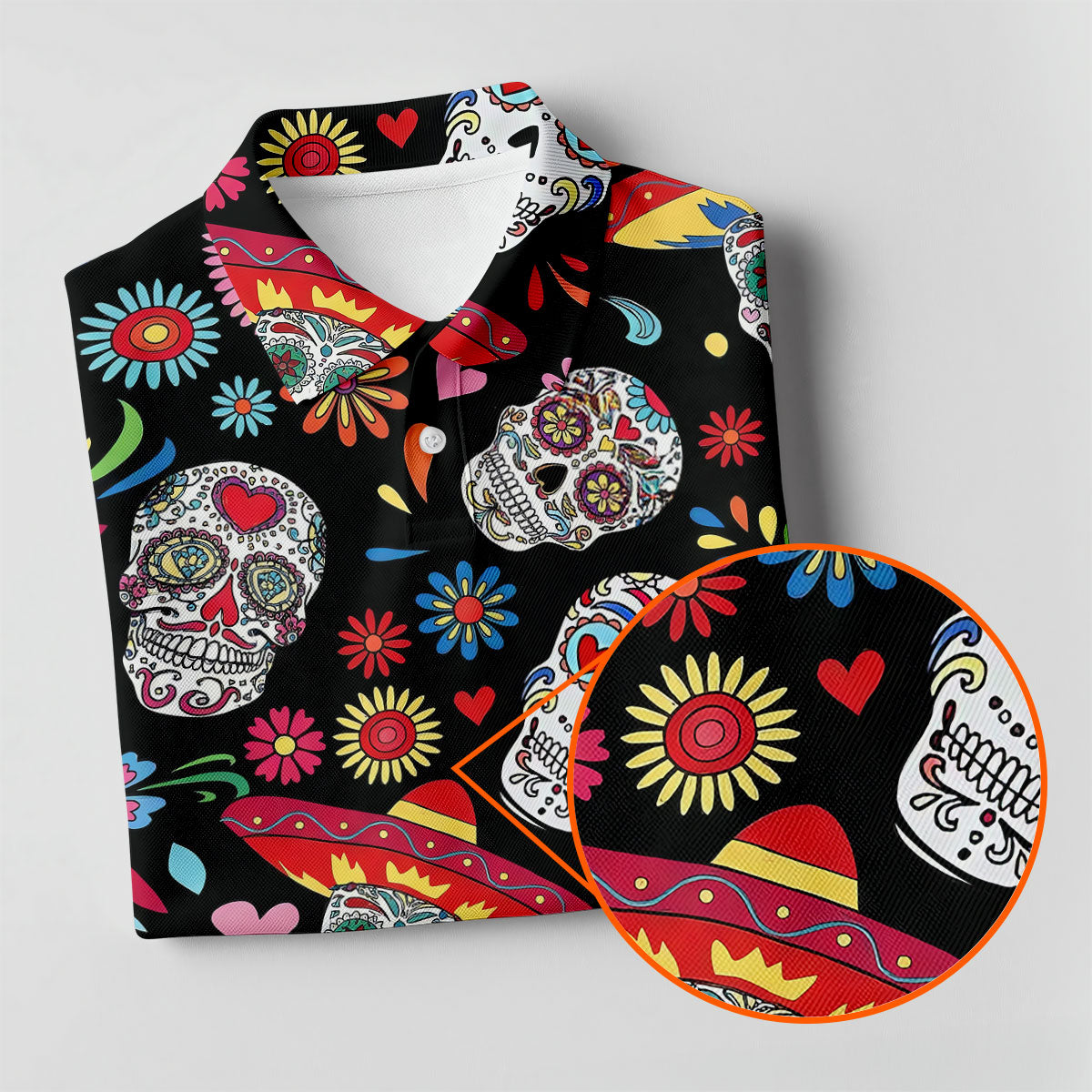 Day Of The Dead FLoral Sugar Skull Cinco De Mayo Celebration Fiesta Themed Golf Shirts For Men