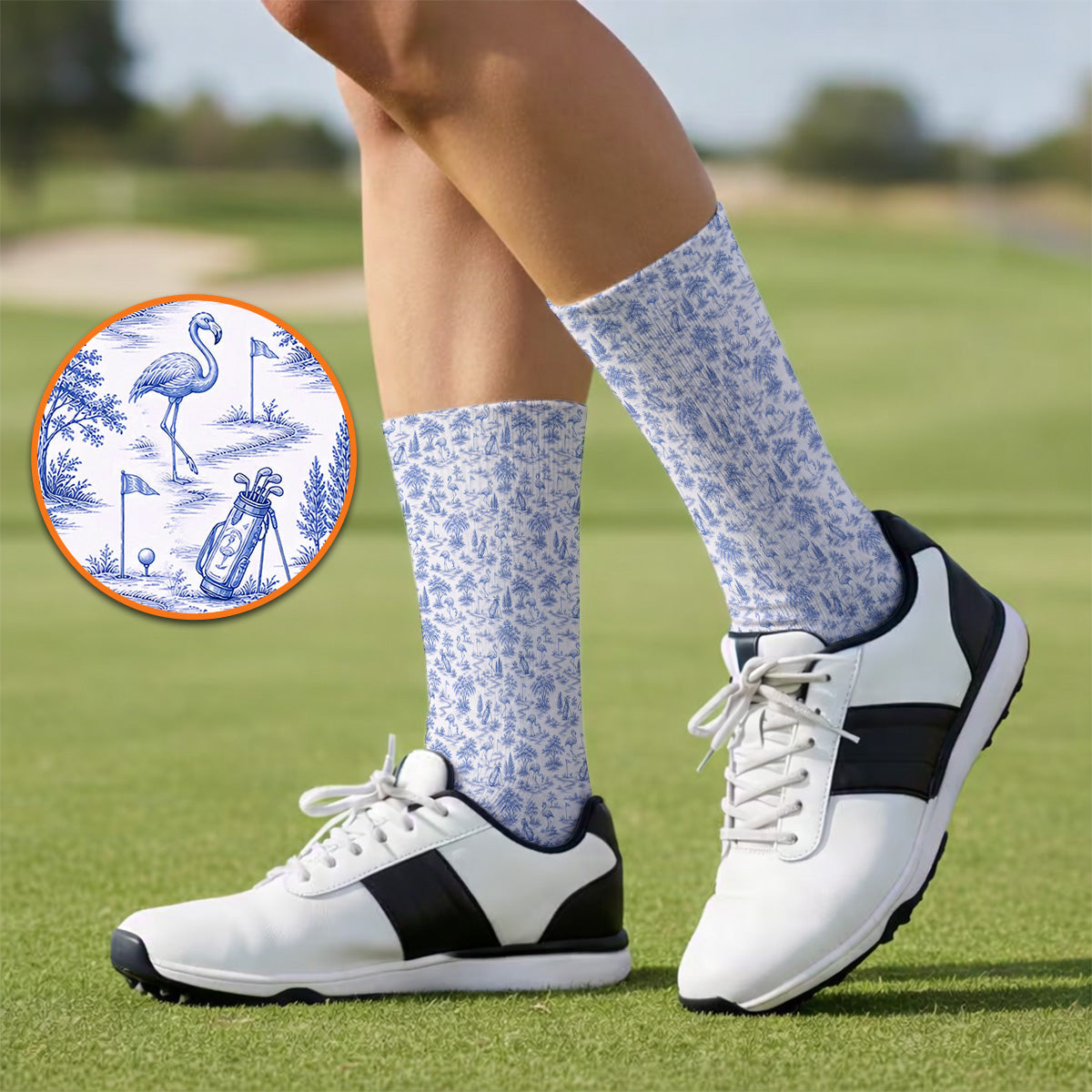 Toile De Jouy Flamingo Golf Crew Sock, Crazy Pink Golf Socks, Golf Gift For Golfer