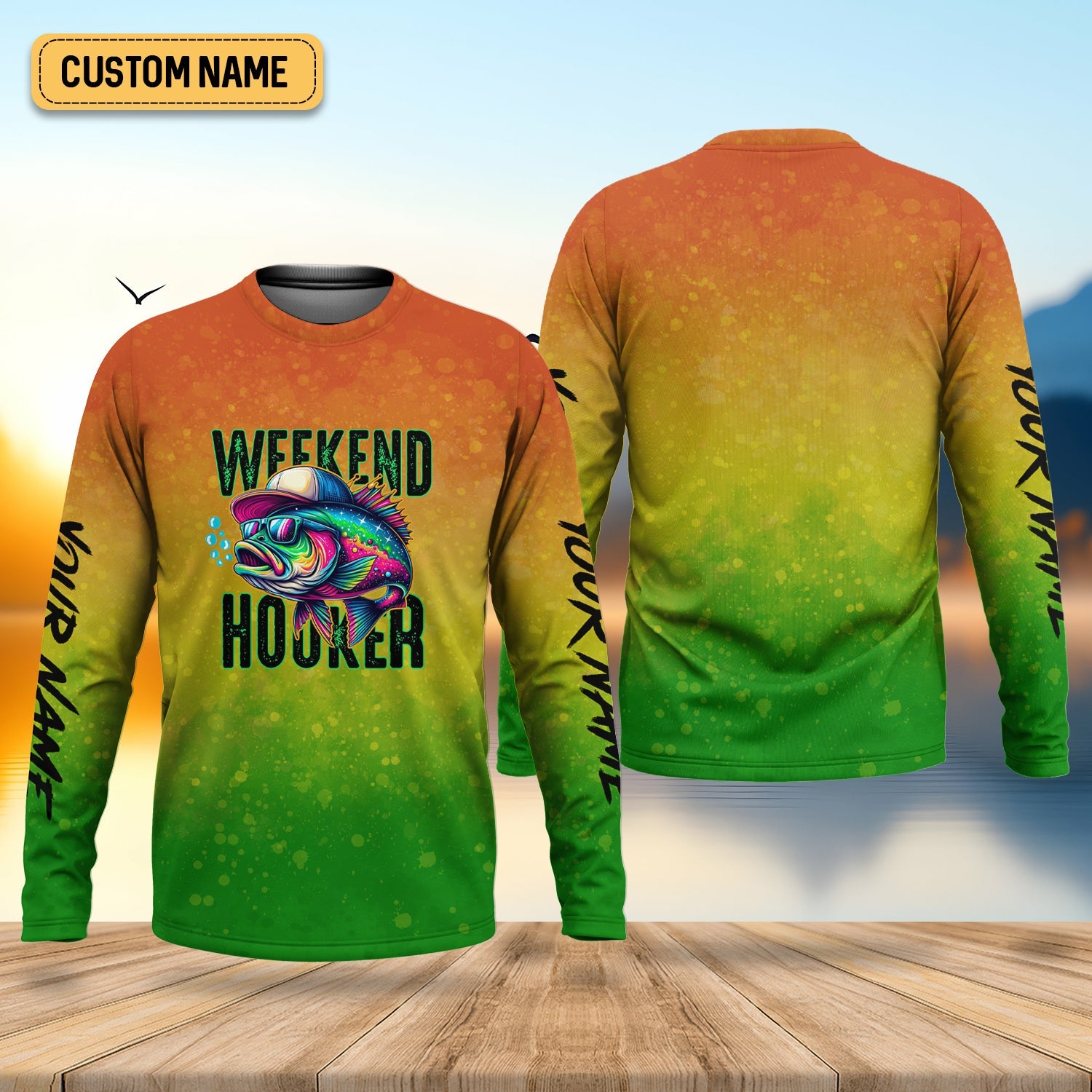 Weekend Hooker Green Yellow Orange Fishing UPF Shirts, Hooded Sun Shirt, Gift For Fisherman