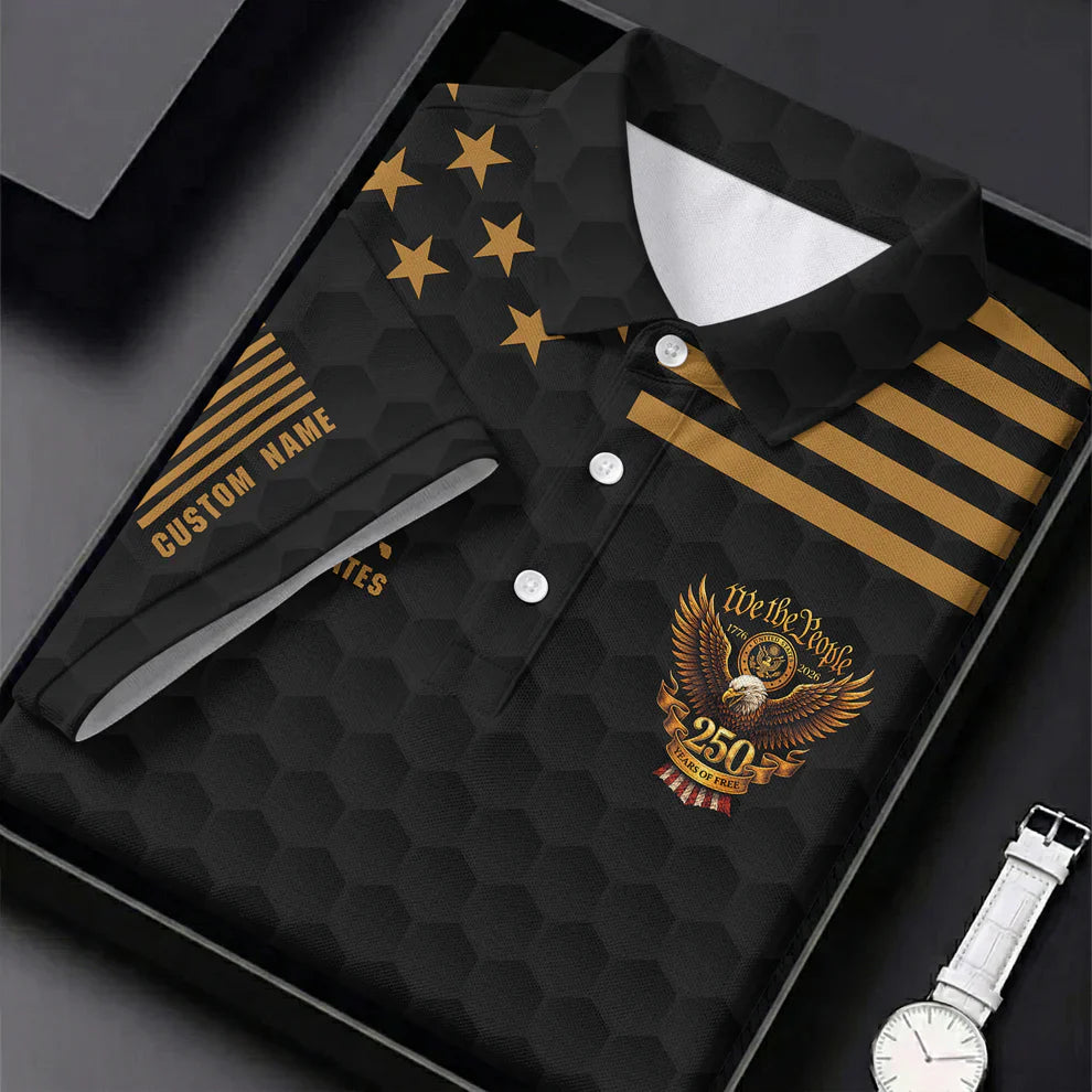 250th Anniversary We The People Patriotic Golf Shirt Men - 4th of July USA Flag Golf Polo, Black Honeycomb Design
