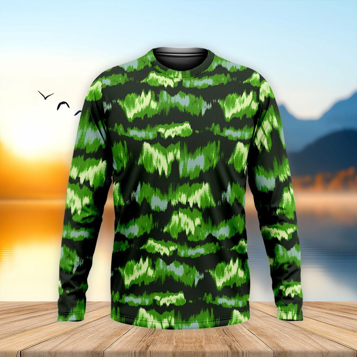 Green Ikat Pattern Fishing UPF Shirts, Long Sleeve Fishing Shirts, Fishing Shirts For Men
