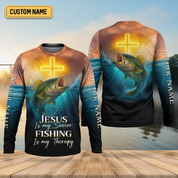 Jesus Is My Savior Fishing Is My Therapy SPF Shirts, Jesus Fishing Shirt, Fishing Shirts For Men