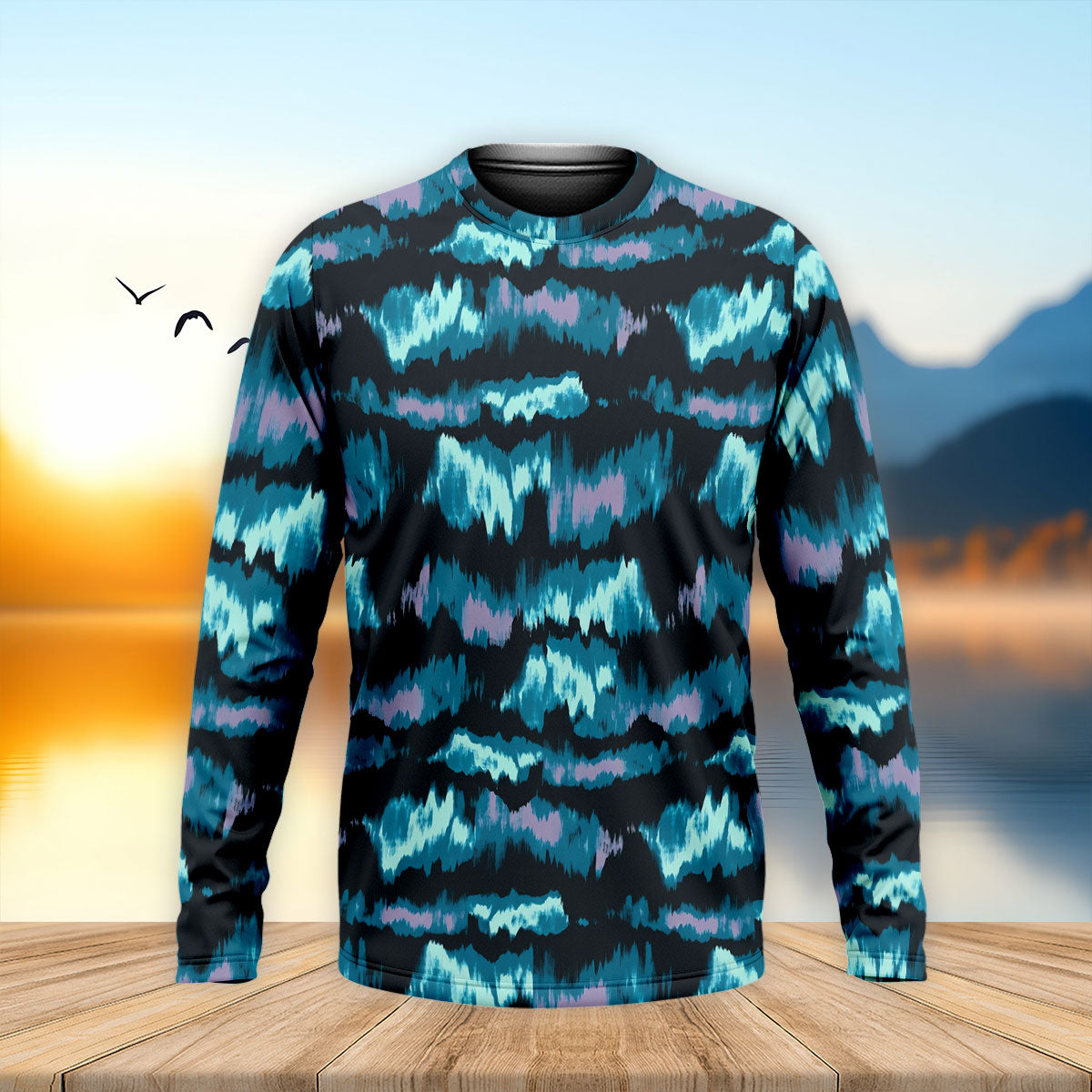 Blue Ikat Pattern Fishing UPF Shirts, Long Sleeve Fishing Shirts, Fishing Shirts For Men