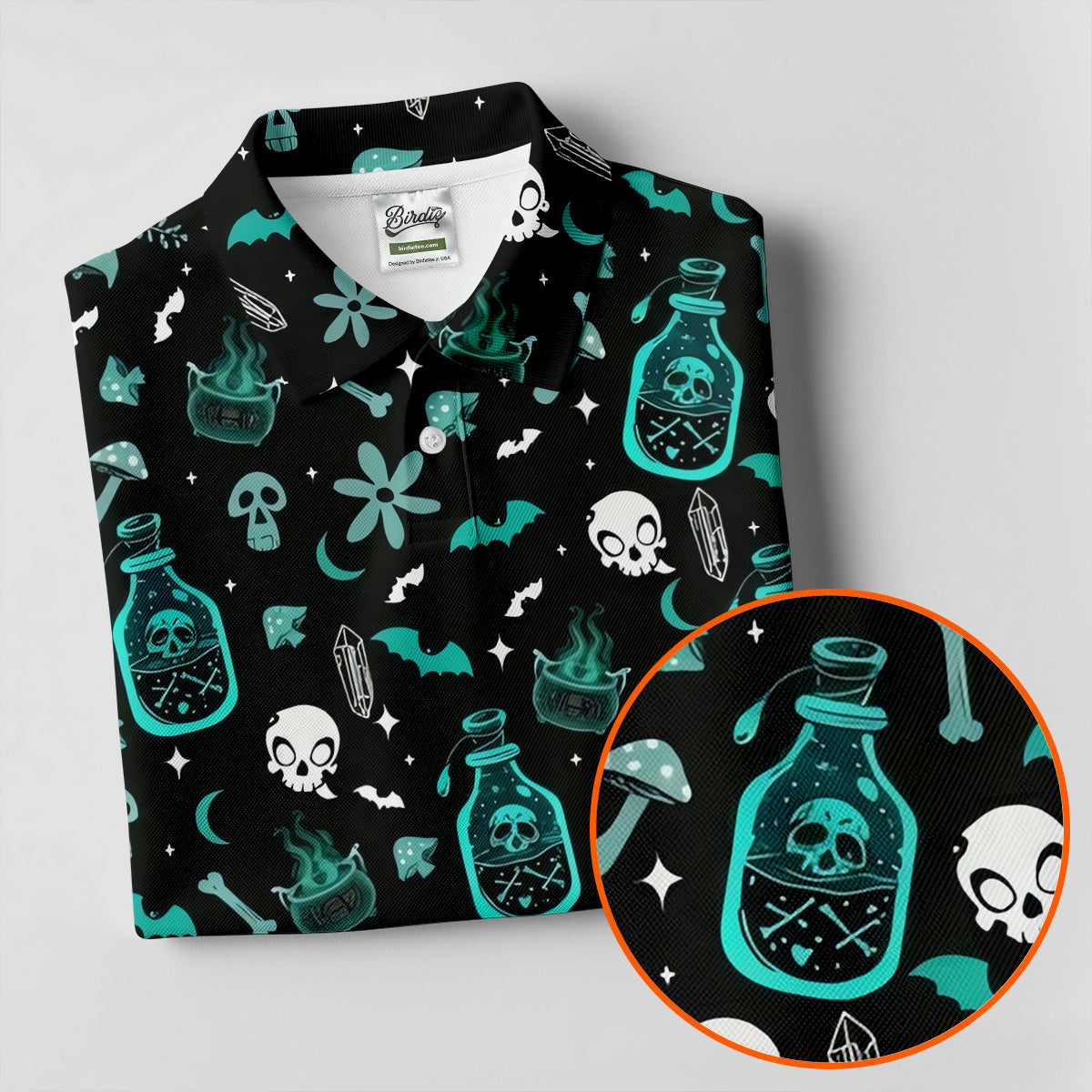 Skull Potion Halloween Pattern Polo Shirt, Golf Tops For Women, Womens Golf Apparel