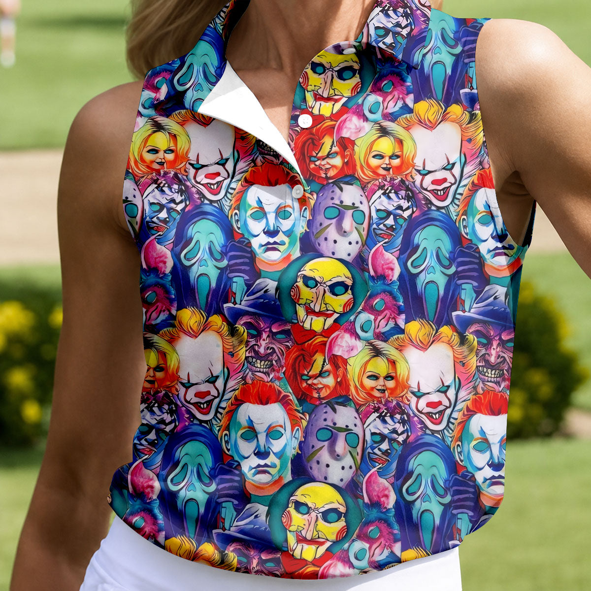 Colorful Horror Character Faces Halloween Polo Shirt, Golf Polo For Women, Ladies Golf Top