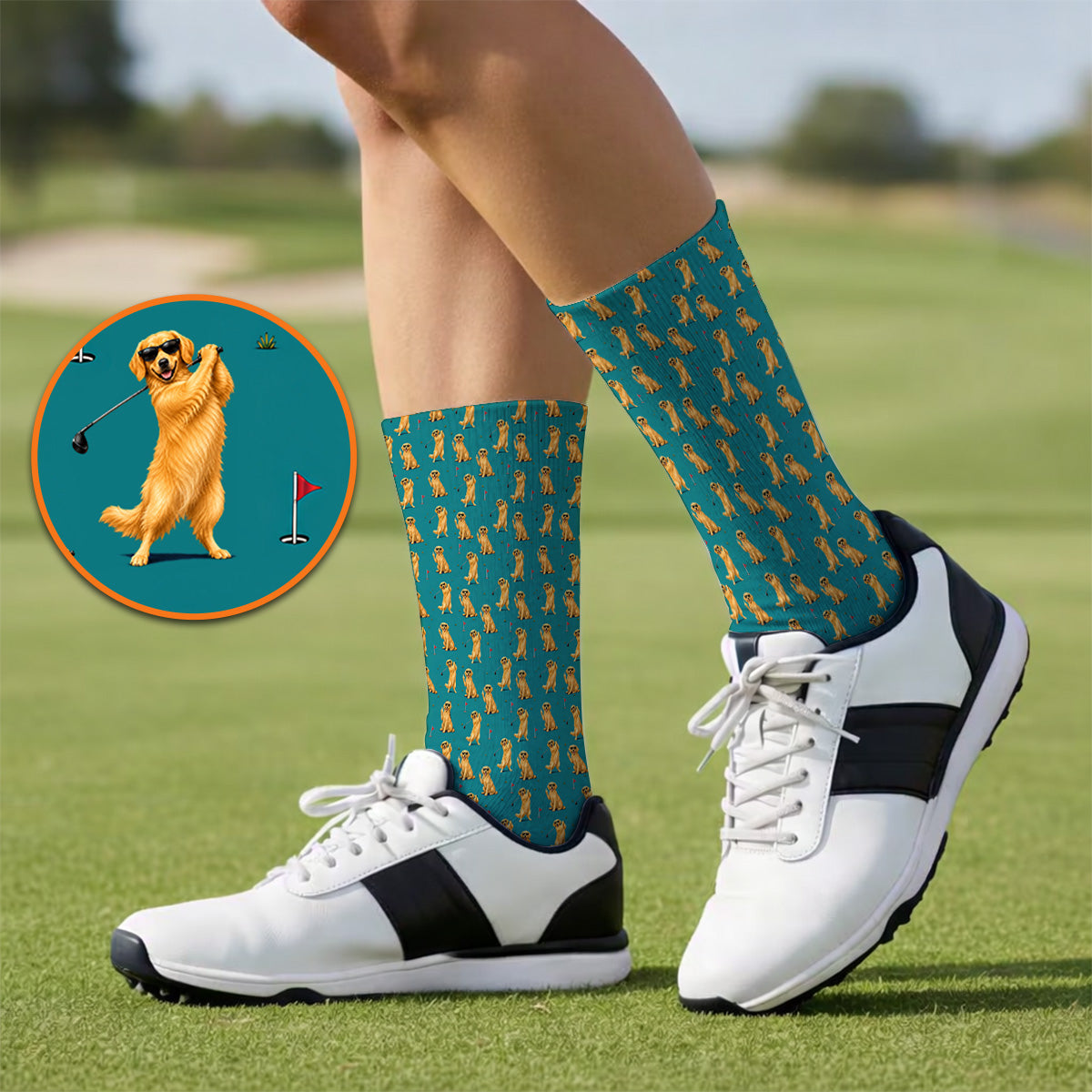 Golden Retriever Fairway Golf Socks, Golf Dog Pattern Sock, Gift For Golden Retriever Owners
