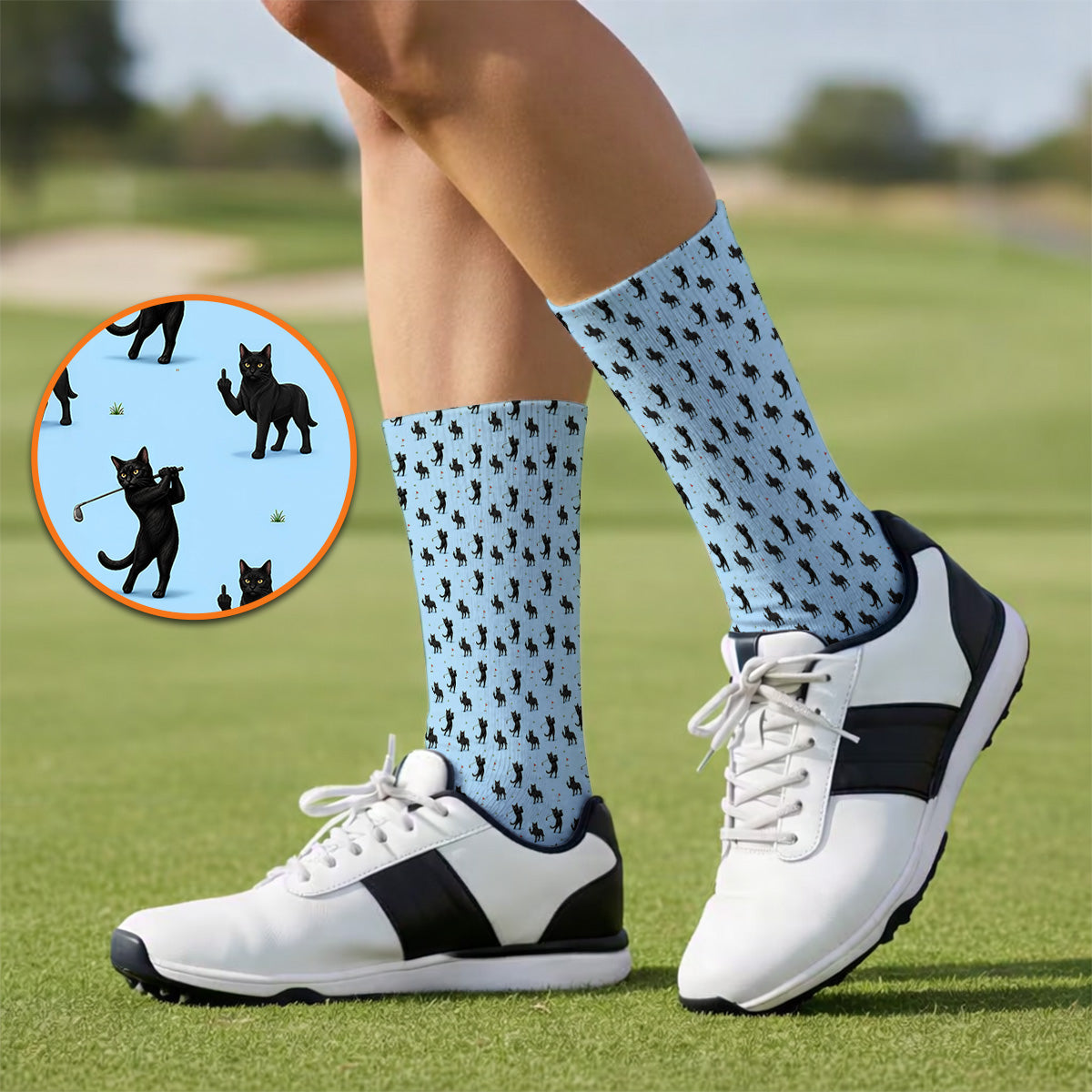 Black Cat Golf Pattern Sock, Funny Golf Socks For Cat Lover, Unique Birthday Gift For Golf Dad