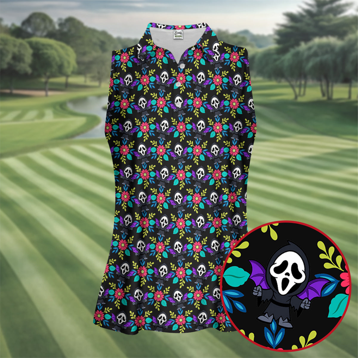Floral Horror Character Halloween Polo Shirt, Women's Halloween Shirt, Women's Golf Polo