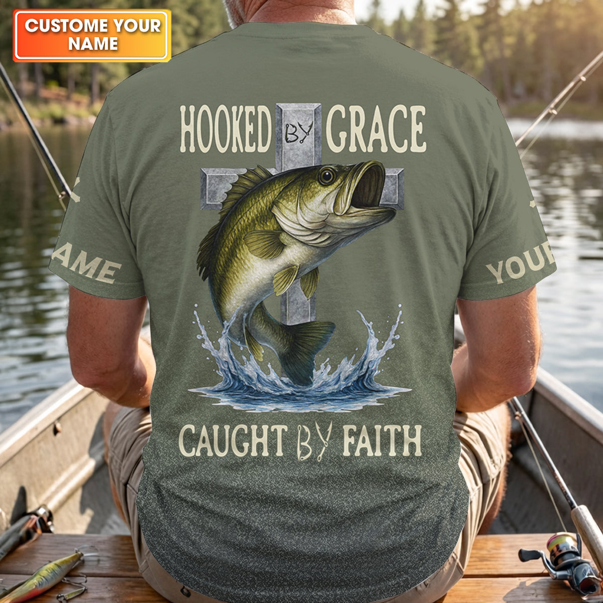 Hooked By Grace Caught By Faith Cross Christian Fishing UPF Shirts, Fishing Shirts For Men