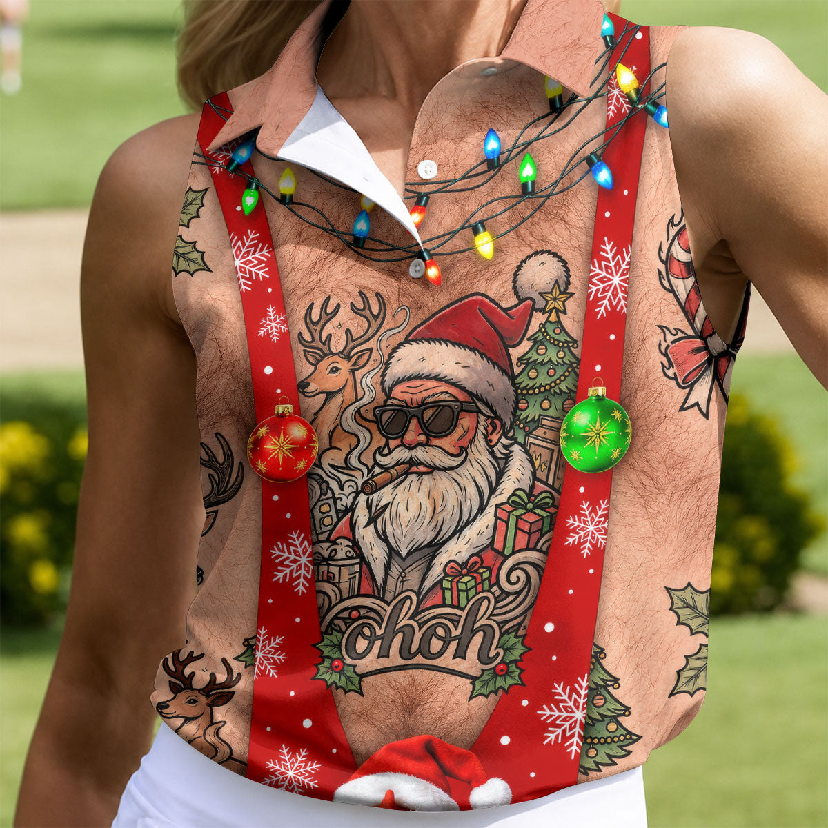 Funny Santa Suspenders Christmas Golf Polo Shirt, Women's Golf Tops, Golf Tops For Women