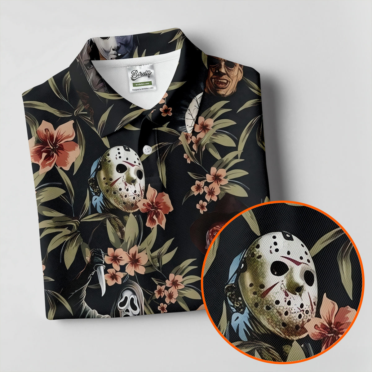 Dark Floral Horror Character Halloween Golf Shirt, Women’s Golf Polo, Printed Golf Shirt
