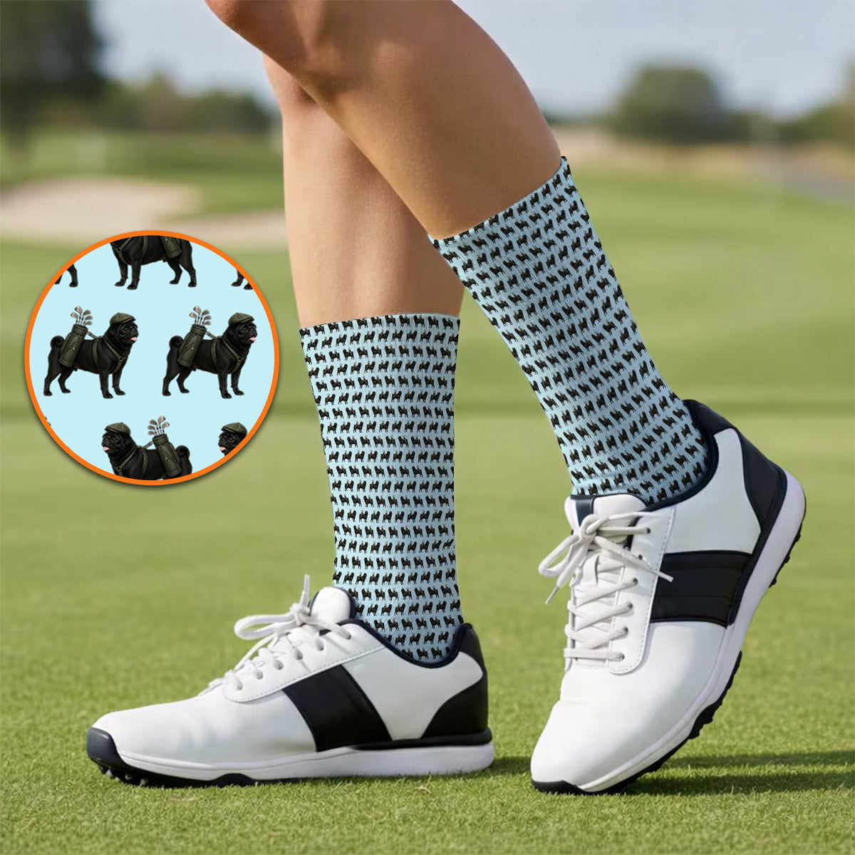Black Pug Pattern Golf Socks, Funny Pug Golf Sock, Golf Gift For Golfer