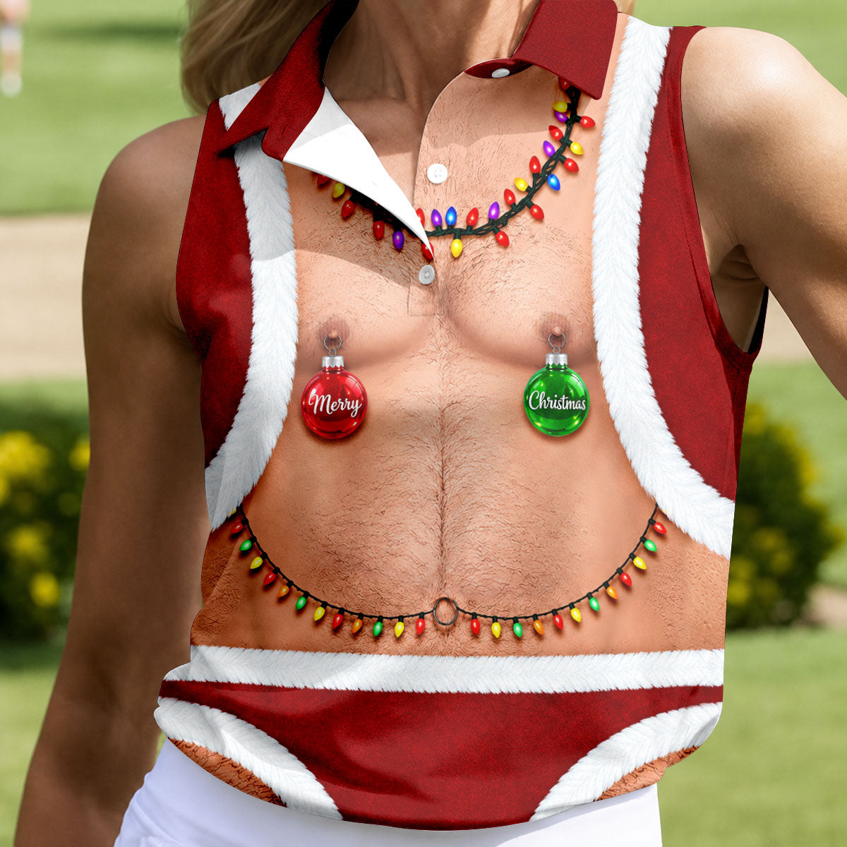Funny Santa Ornament Lights Christmas Golf Shirt, Women’s Golf Polo, Golf Tops For Women