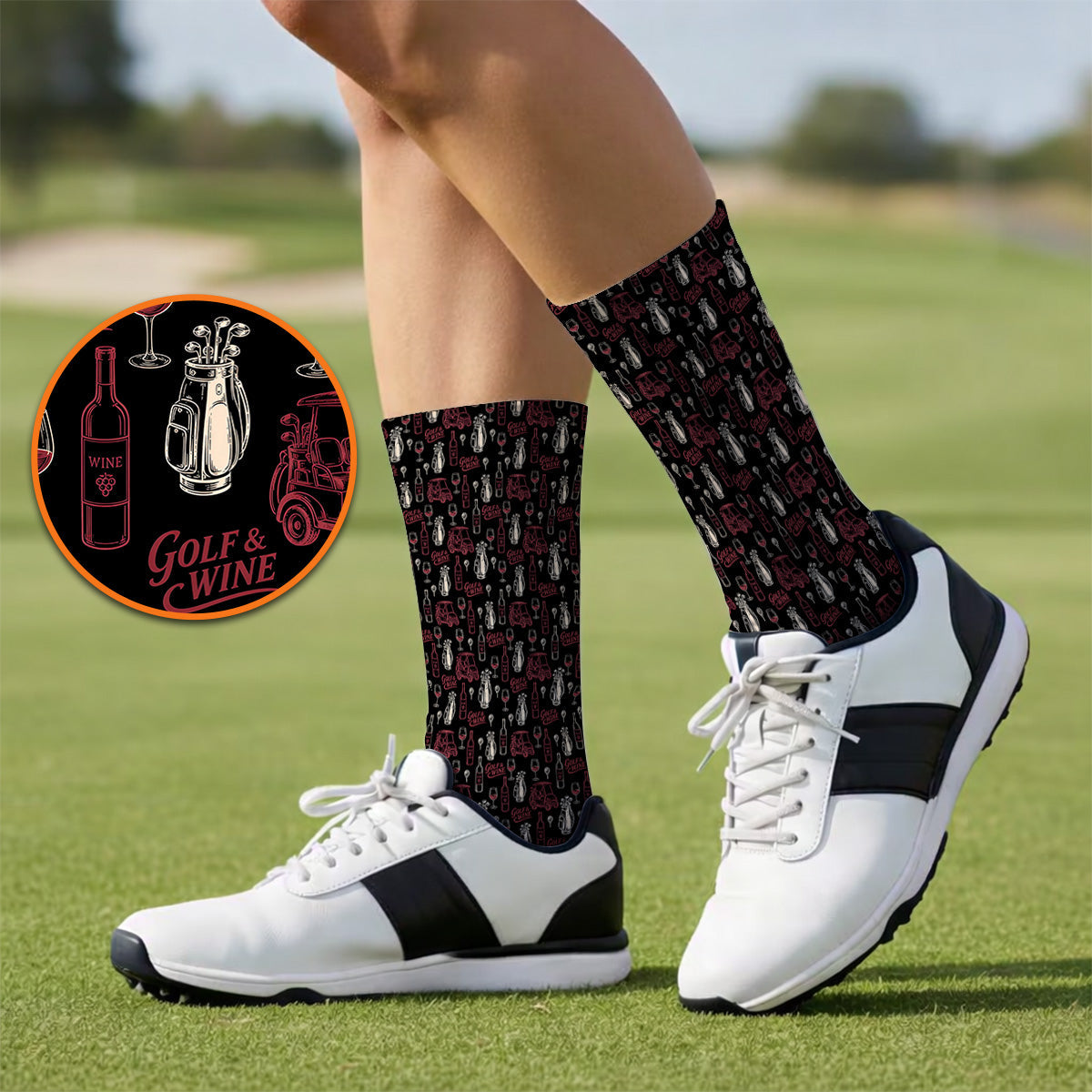 Funny Golf & Wine Pattern Golf Socks, Funny Golf Sock For Wine Lover, Golf Gift For Golfer