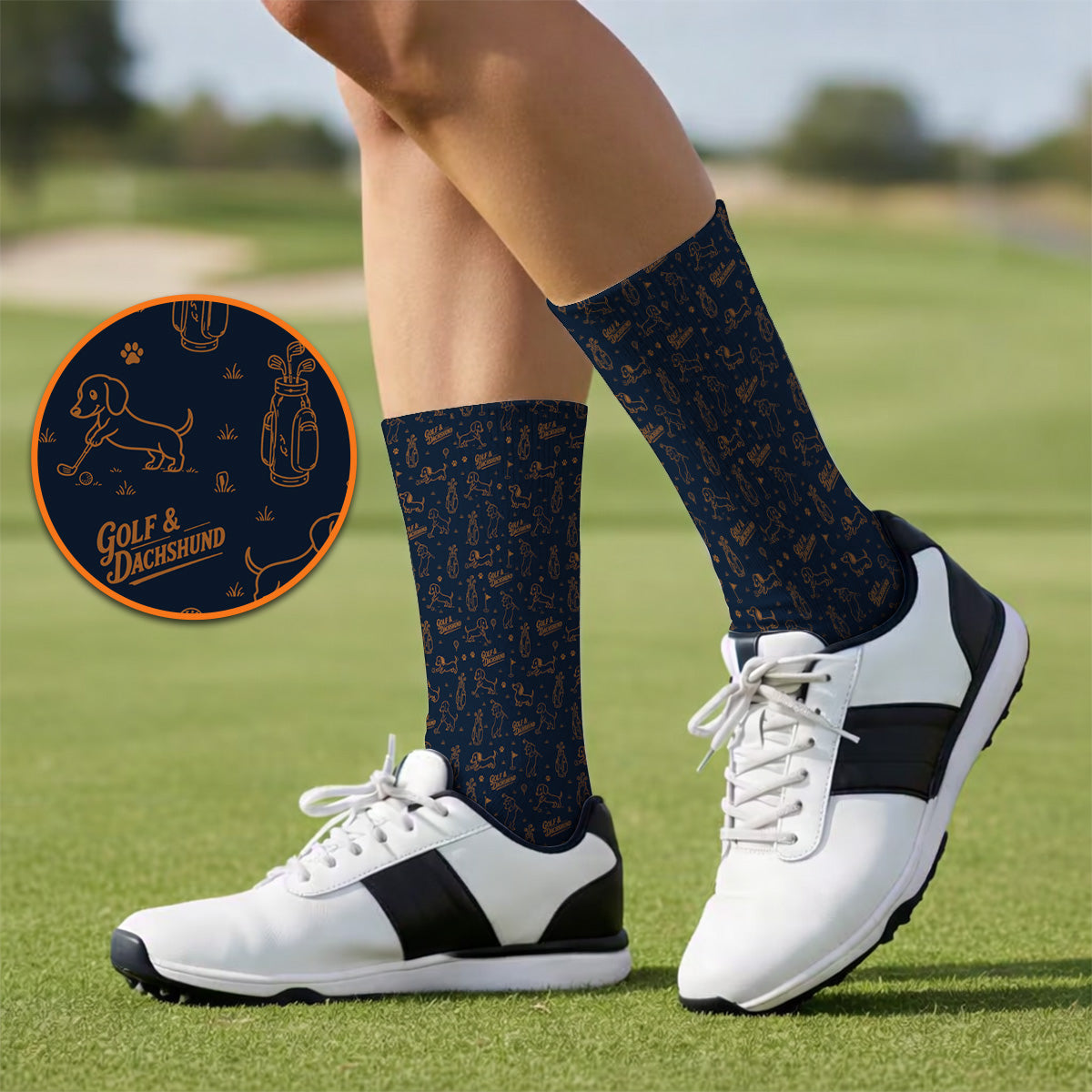 Golf & Dachshund Pattern Socks , Wiener Dog Golf Sock For Golfer, Funny Doxie Lover Gift