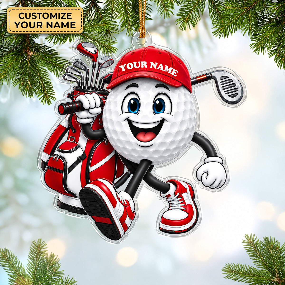 Custom Name Golf Ball And Club Acrylic Ornament, Golf Gifts, Christmas Decorations