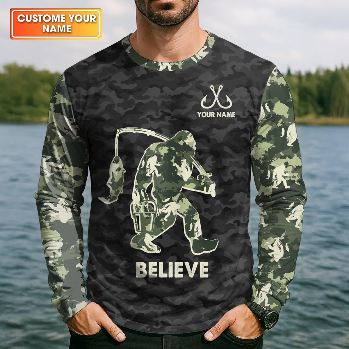 Gone Fishing With Sasquatch Camo Fishing Shirt, Fishing UPF Shirts, Fishing Shirts For Men