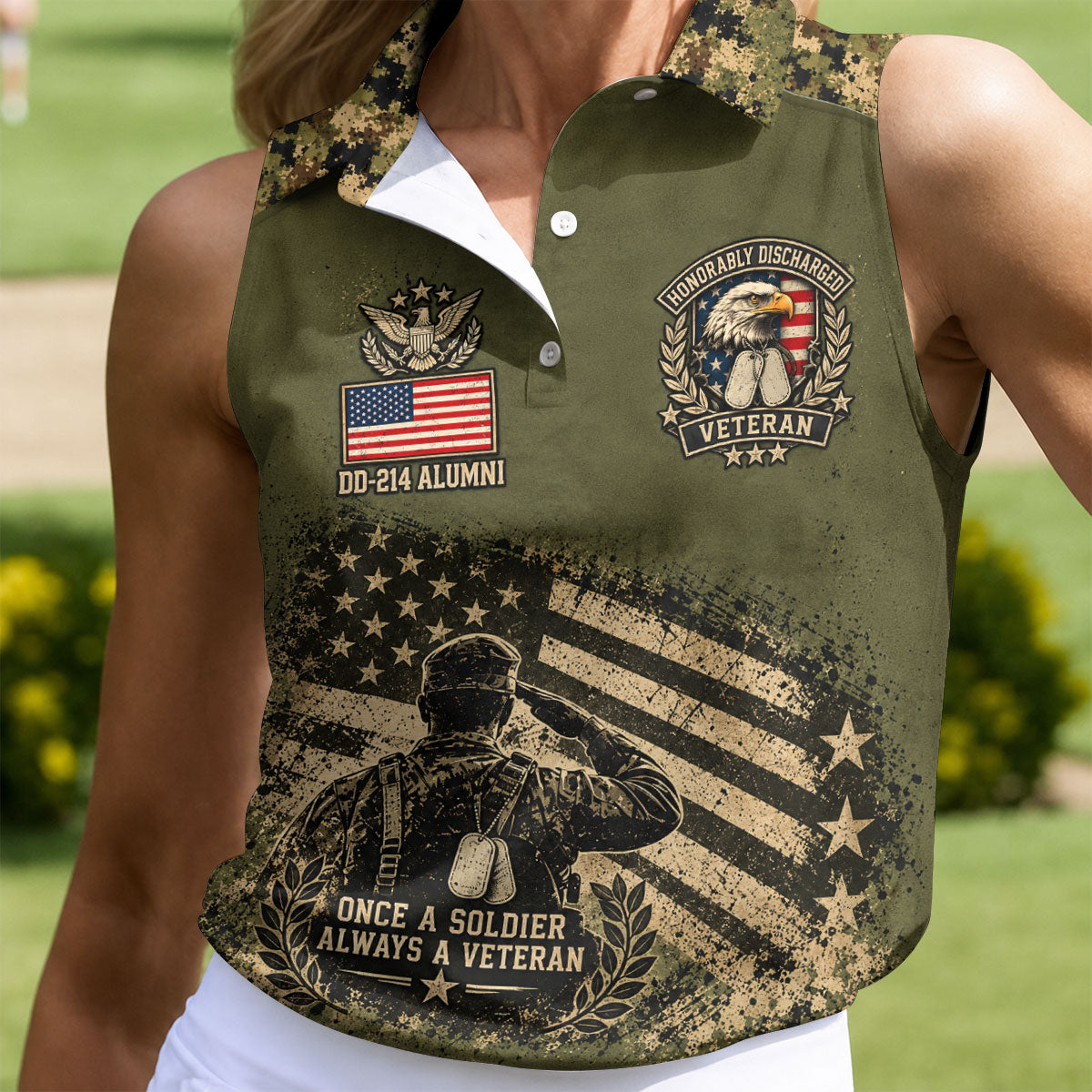 DD-214 Soldier Flag Camo Golf Polo Shirt, Women Golf Shirts, Veterans Day Golf Shirt