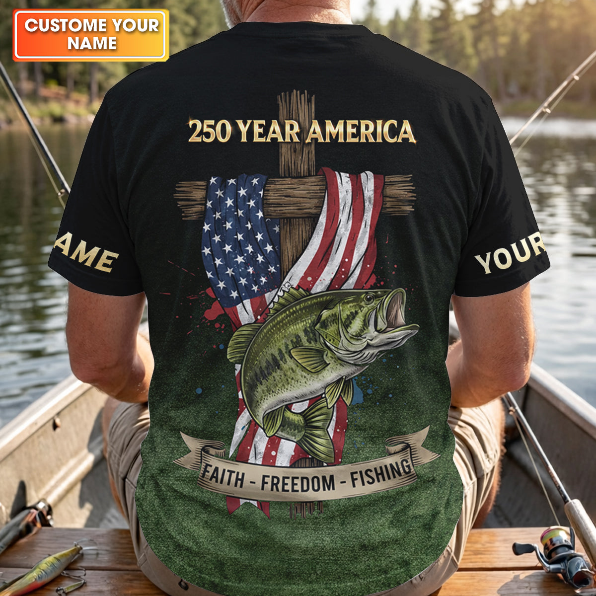 Faith Freedom Fishing Patriotic Fishing Shirt, Fishing UPF Shirts, 250th Anniversary Men's Fishing Shirt