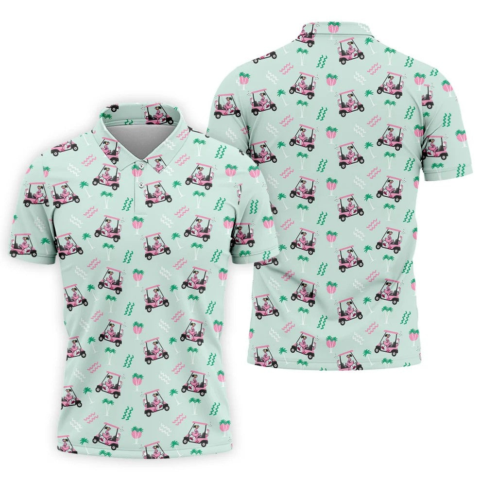 Funny Flamingo Golf Cart Tropical Pattern Polo Shirt, Mens Golf Polo, Golf Apparel For Men