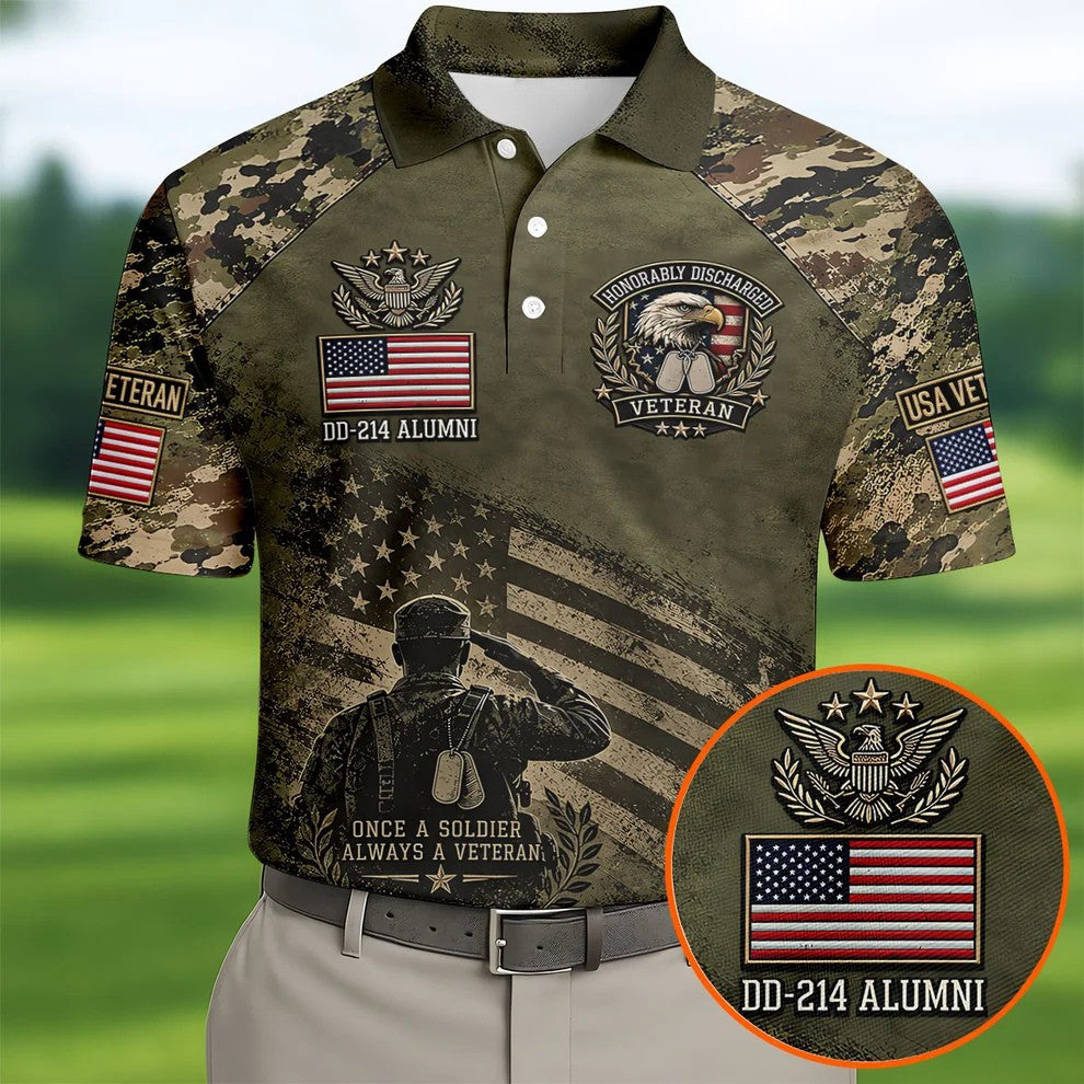 DD-214 Honorably Discharged Camo Polo Shirt, Veterans Day Shirt, Mens Golf Shirts