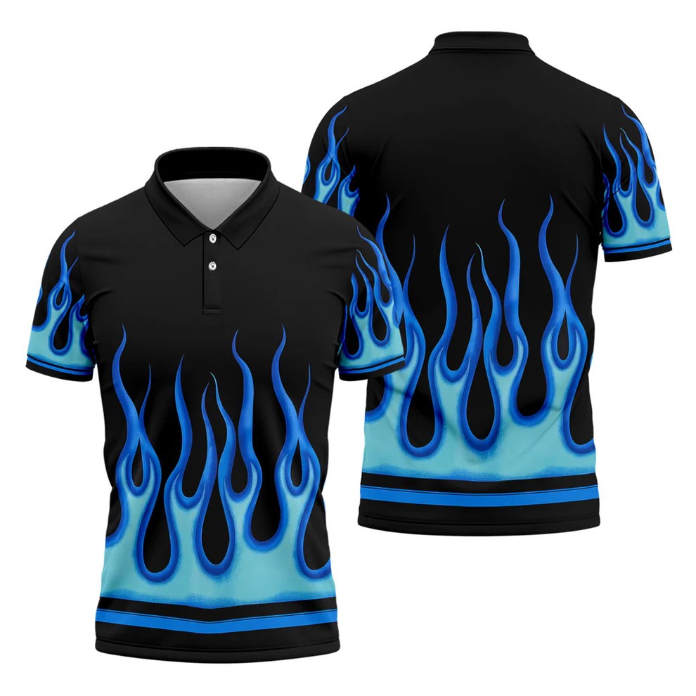 Black Blue Flame Sleeve Golf Shirt, Men's Golf Shirt, Golf Apparel For Men