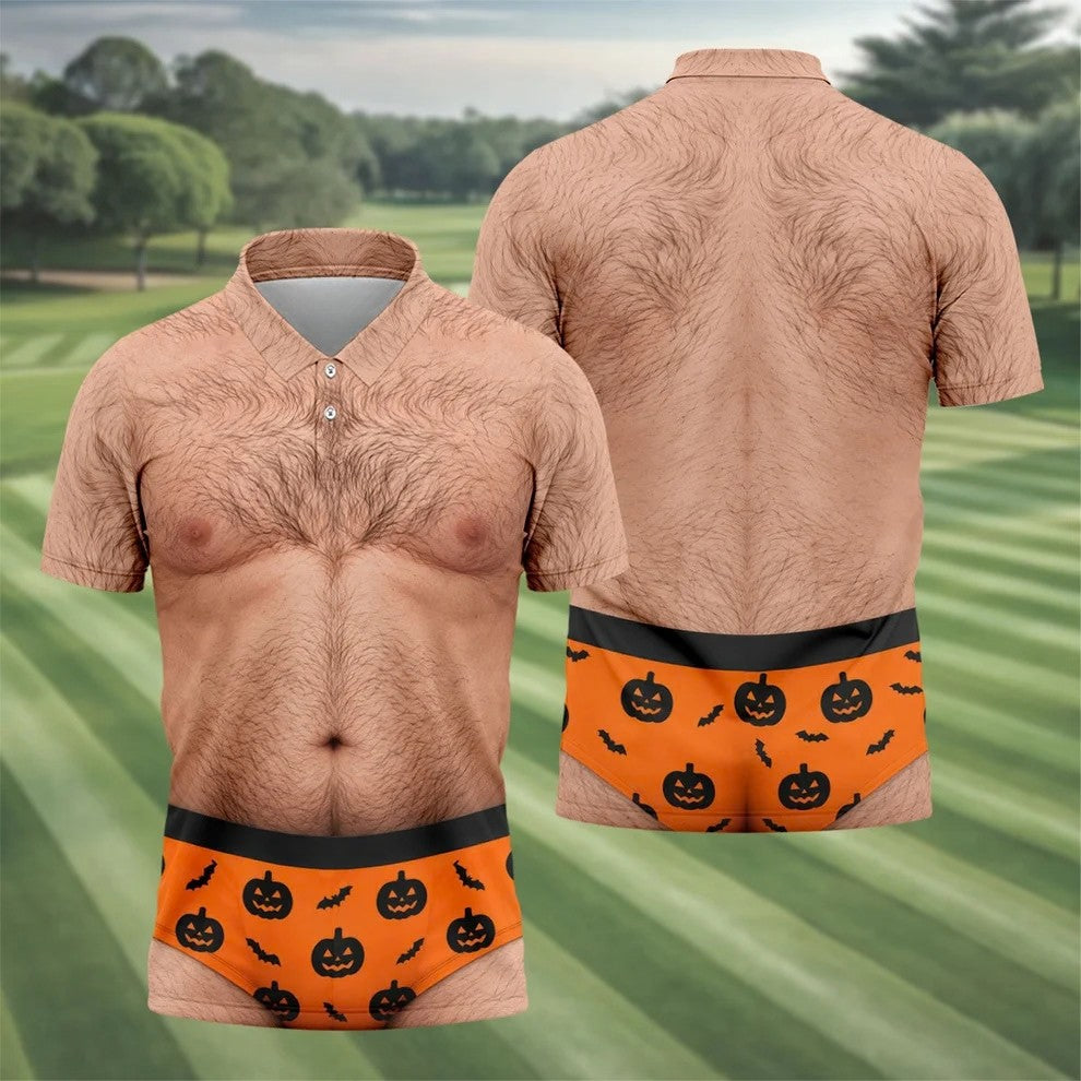 Funny Hairy Chest Halloween Costume Polo Shirt, Golf Shirts For Men, Halloween Golf Shirt