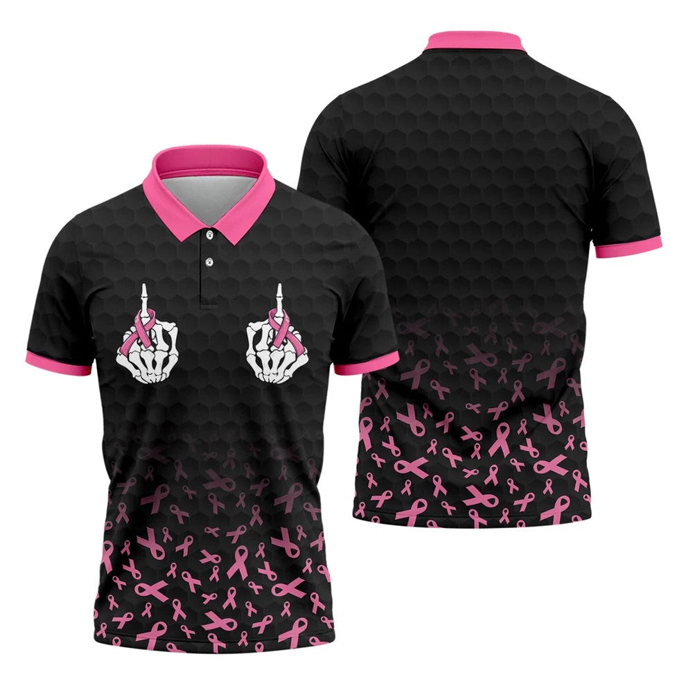 Two Skeleton Middle Fingers Breast Cancer Polo Shirt, Mens Polo Shirts, Mens Golf Apparel