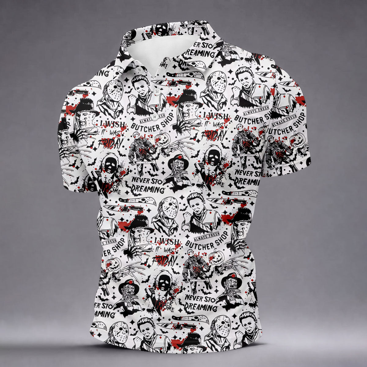 Classic Horror Character Collage Halloween Polo Shirt, Men's Golf Shirt, Mens Golf Apparel