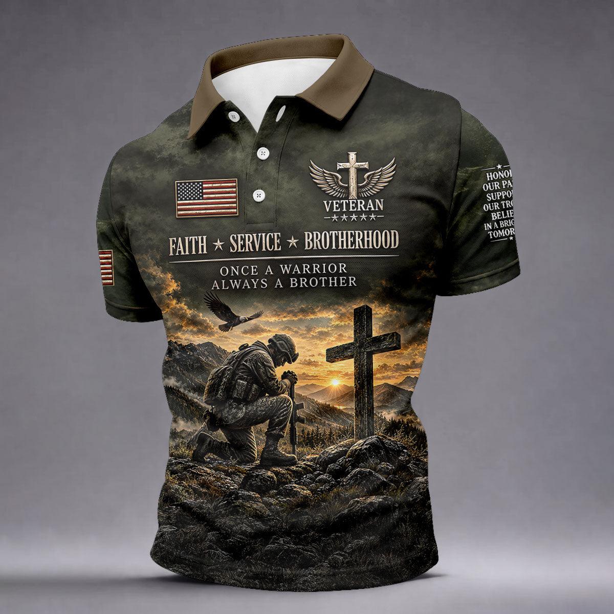 Veterans Day Praying Soldier Cross Polo Shirt, Polo Shirts For Men, Mens Golf Shirts
