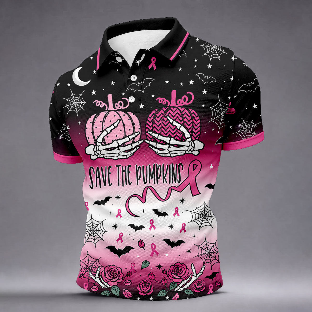 Save The Pumpkins Halloween Breast Cancer Polo Shirt, Mens Golf Polo, Mens Golf Shirts