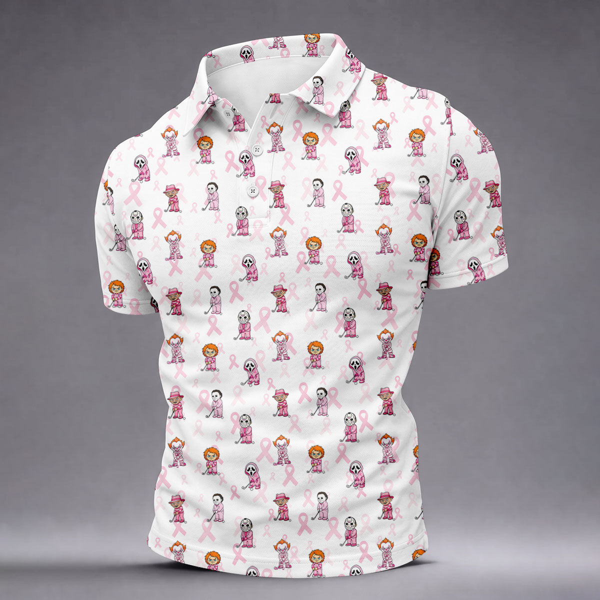 Breast Cancer Chibi Horror Character Polo Shirt, Mens Golf Shirts, Golf Apparel For Men
