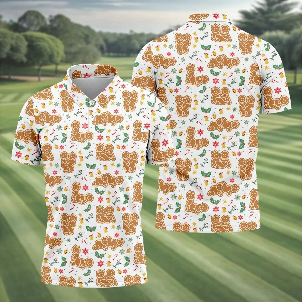 Naughty Gingerbread Christmas Golf Shirt, Funny Position Couple Golf Shirt, Fun Golf Shirts For Men, Christmas Golf Gift