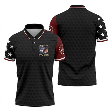250 Years Bald Eagle US Flag Golf Shirt, Patriotic 4th Of July Golf Ball Pattern Golf Shirts For Men