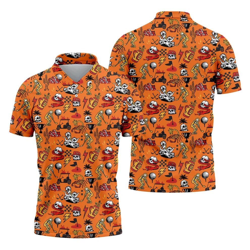 Horror Pattern Orange Halloween Golf Tops For Men, Fun Golf Shirts For Men, Halloween Gift Idea