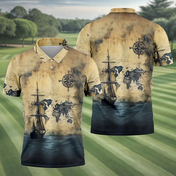 Vintage Ship Map Compass Ocean Golf Shirt, Hawaiian Golf Shirt, Mens Golf Shirts