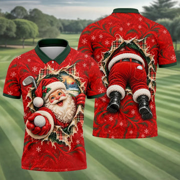Santa Breaks Through Plaid Christmas Golf Shirt, Golf Gifts For Men, Mens Golf Polo